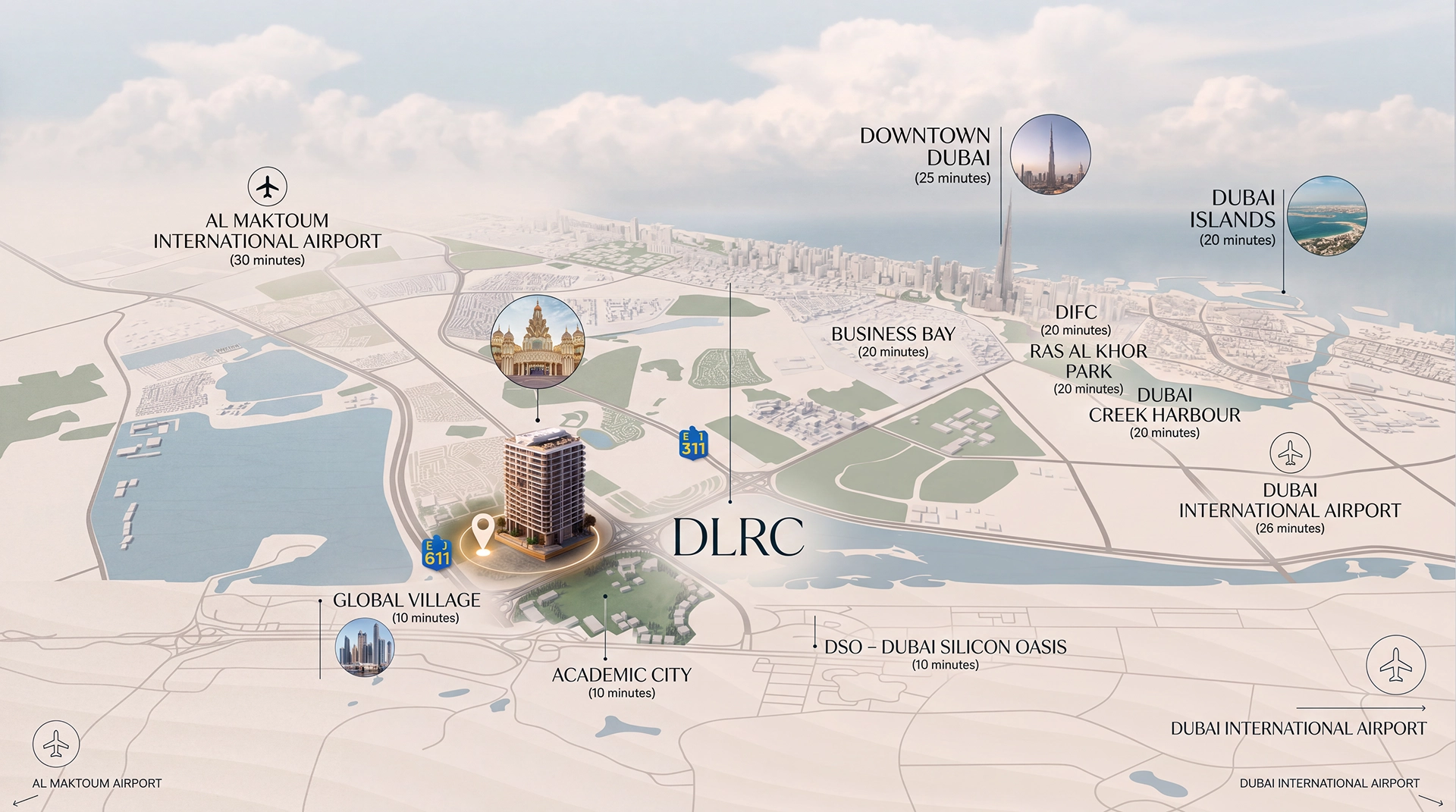 Arlington Park 2 in Dubai Land Residence Complex, with travel times to Downtown Dubai, Dubai Islands, both airports, Global Village, Academic City and Dubai Silicon Oasis