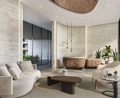 Glass pavilion lounge surrounded by landscaping