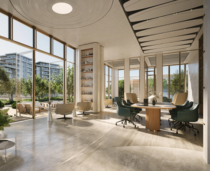 Bright community workspace with garden views
