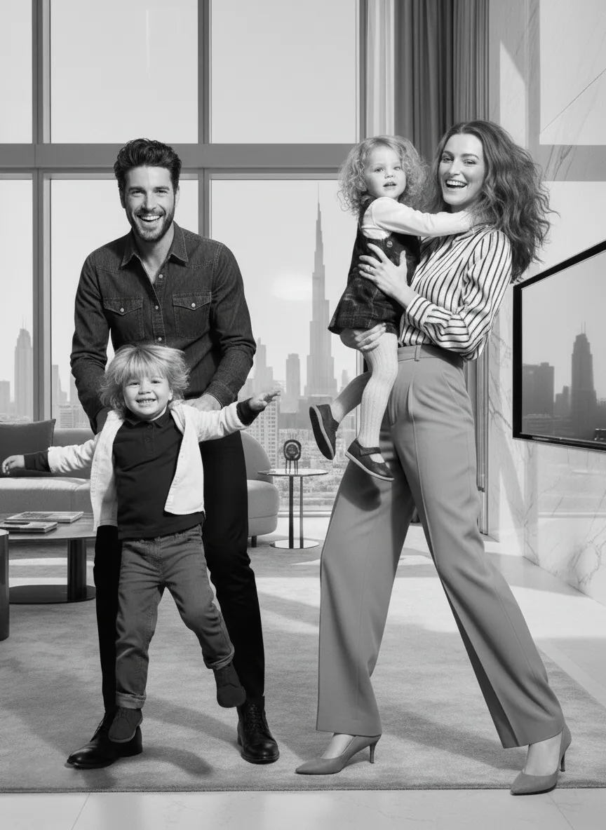Family in a Dubai residence overlooking the city skyline