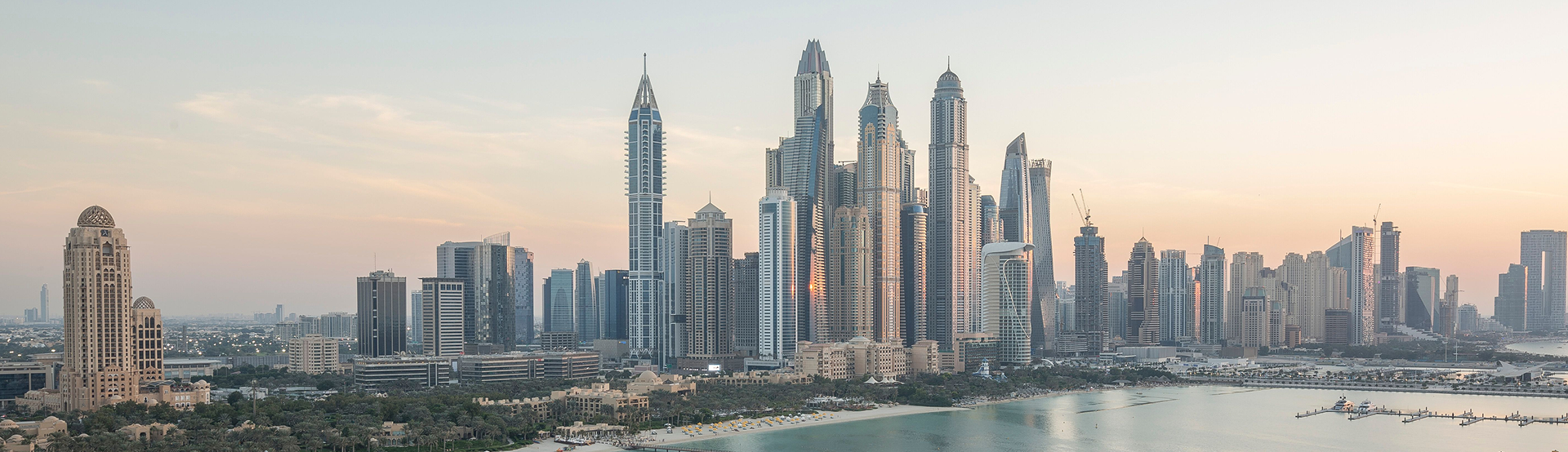 Dubai Marina skyline at golden hour