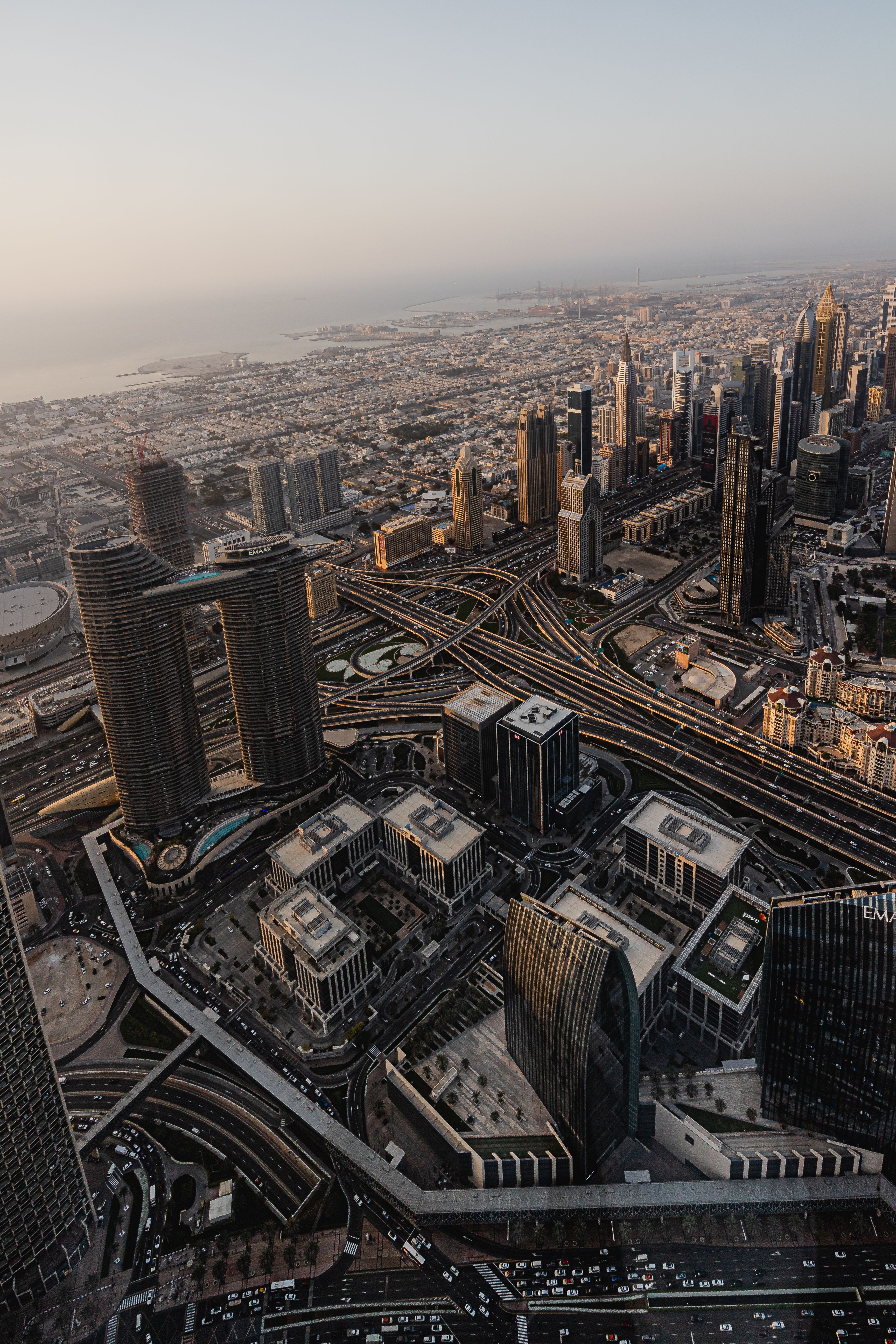 Dubai skyline at golden hour with Address Sky View towers