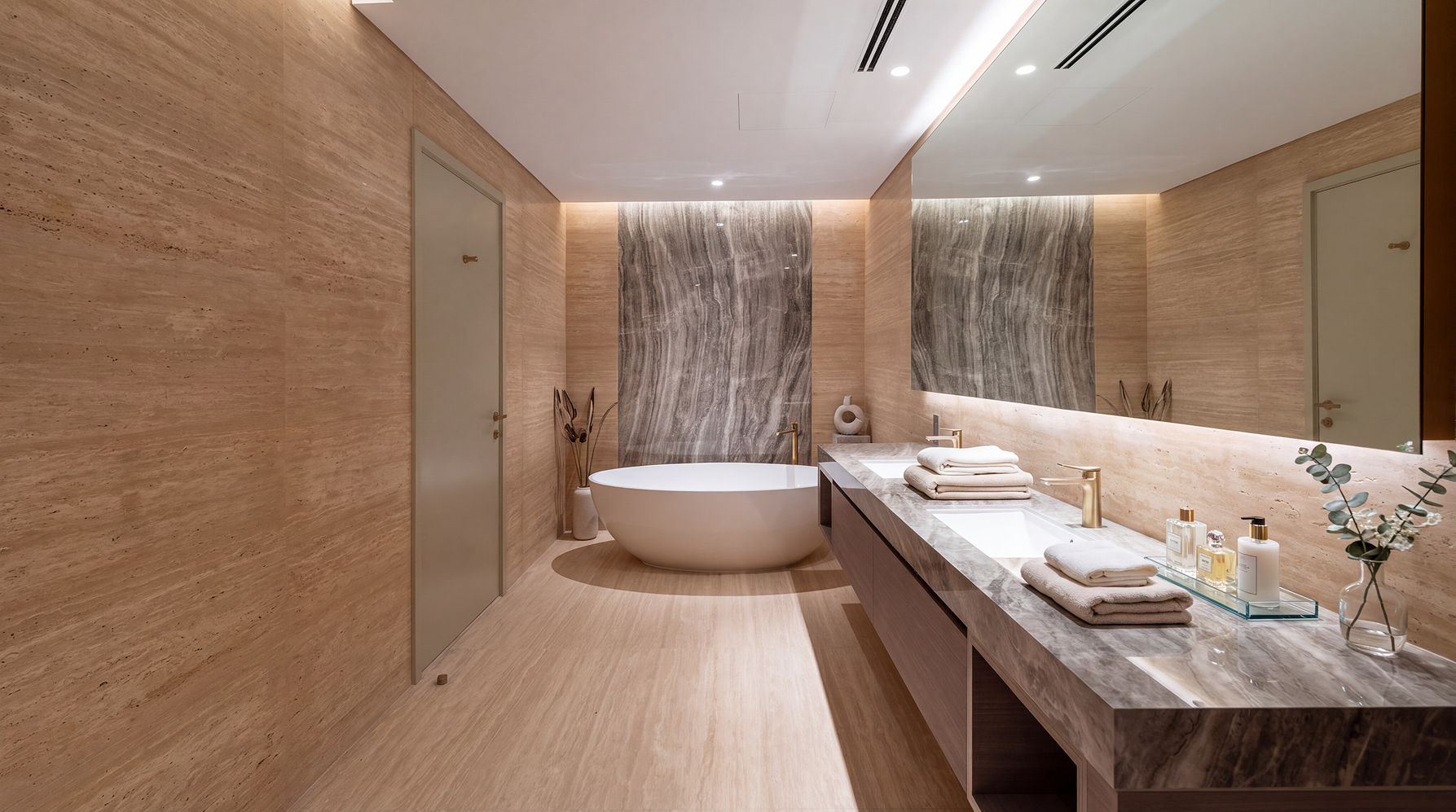 Luxury bathroom with freestanding bathtub and marble vanity