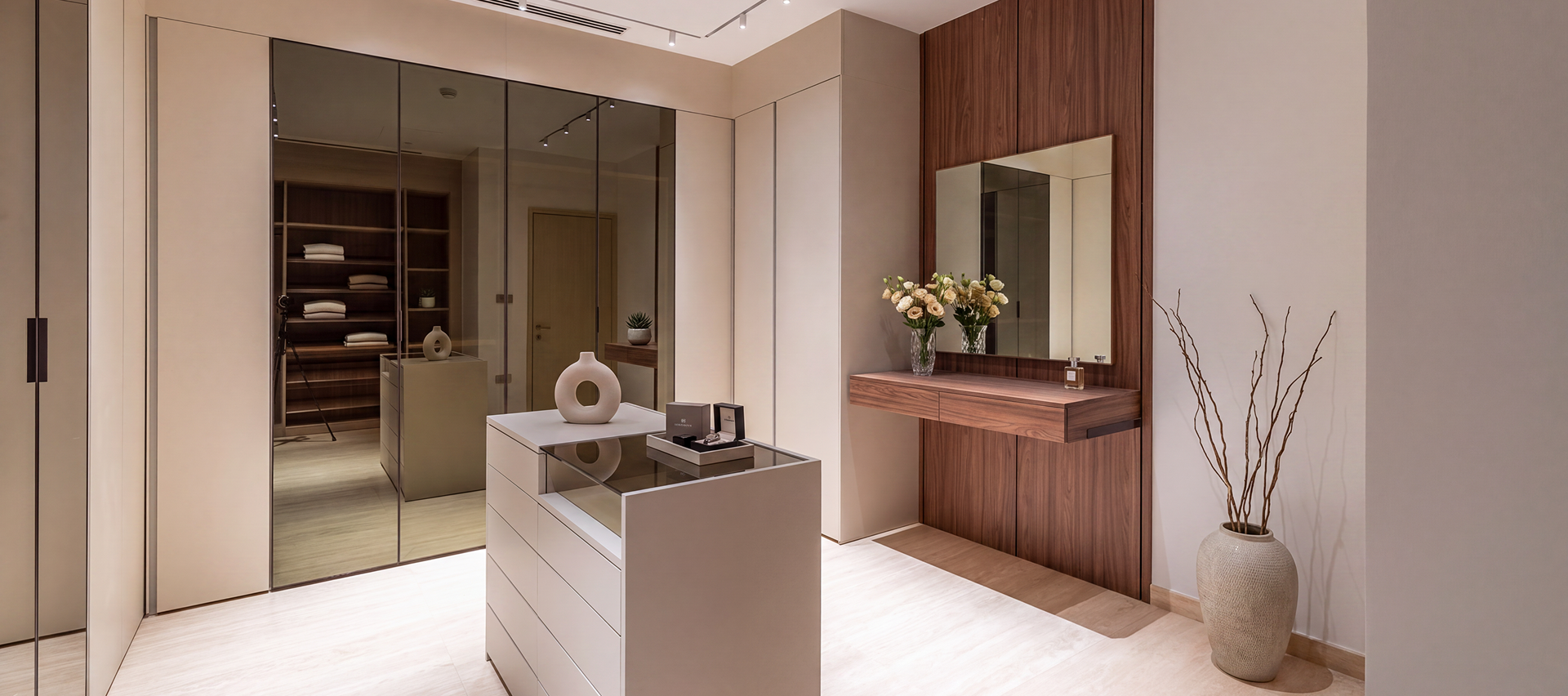 Serenia Living dressing suite with warm timber vanity and natural finishes